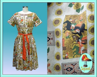 Vintage 1950s Dress Novelty Print Dress with Belt