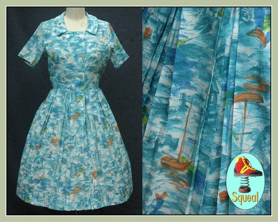 Vintage 1950s Blue Novelty Boat Print Dress (Mediu