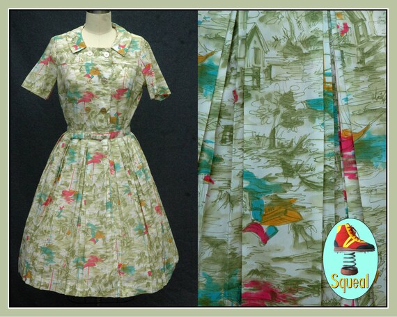 Vintage 1950s Green Novelty Boat Print Dress (Medi