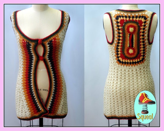 Vintage 1970s Chrochet Long Vest Cardigan Sweater