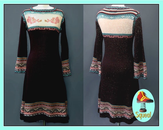 Vintage 1970s Black Knit Dress with Bell Sleeves (