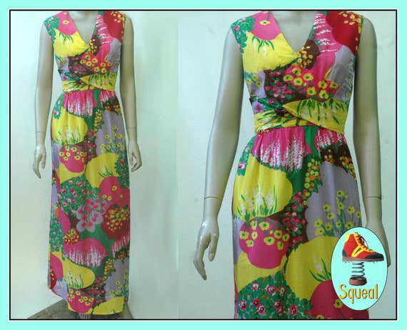 Vintage 1960s Psychadelic Floral Cotton Maxi Dress