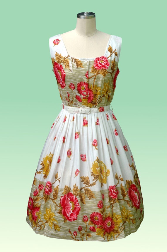 Vintage 1950s Dress Floral Border Print Dress - image 2
