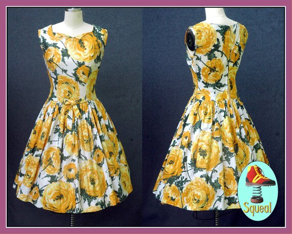 Vintage 1950s Yellow Rose Print Dress