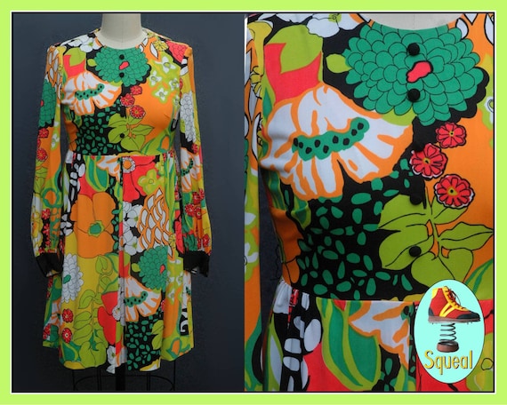 Vintage 1960s Psychadelic Floral Dress (Small)