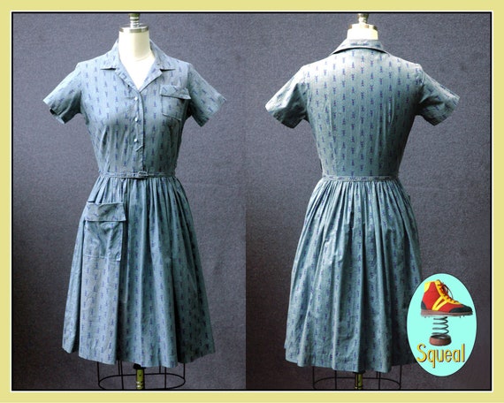 Vintage 1950s Teal Blue Novelty Print Dress
