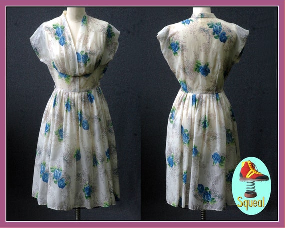Vintage 1950s Blue Rose Print Dress