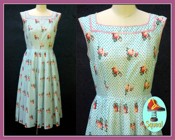 Vintage 1950s Rose Print and Dot Dress