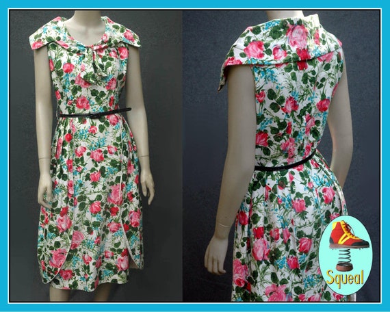 Vintage 1950s Rose Print Cotton Dress