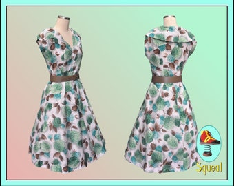 Vintage Dress 1940s - 1950s Green Floral Hydrangea Print Dress