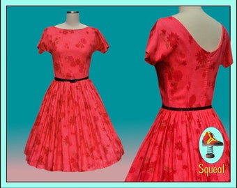 Vintage 1950s Floral Print Drop Waist Dress