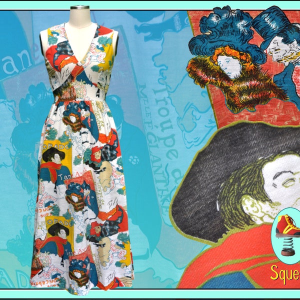 Vintage 1970s Dress Toulouse-Lautrec Print Maxi Dress