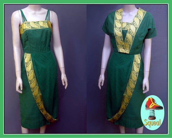 Vintage 1950s Green Wiggle Sarong Dress and Bolero