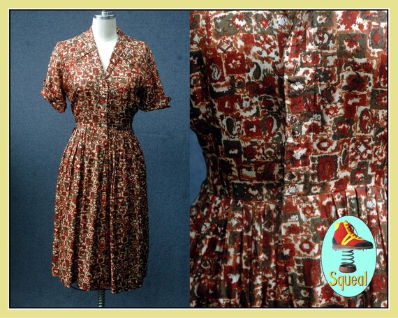 Vintage 1950s Abstract Print Rayon Shirtwaist Dres