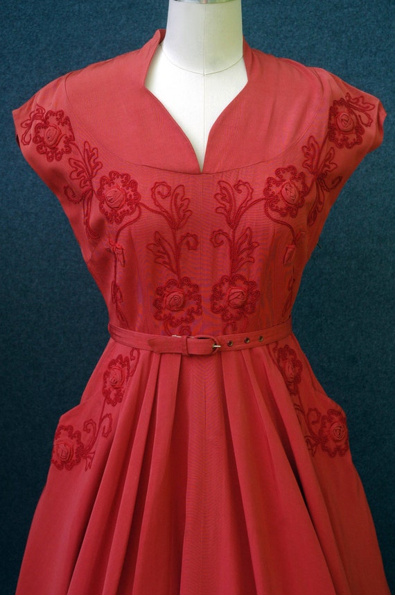 Vintage 1940s Dress Pink Dress Soutache Embroider… - image 8