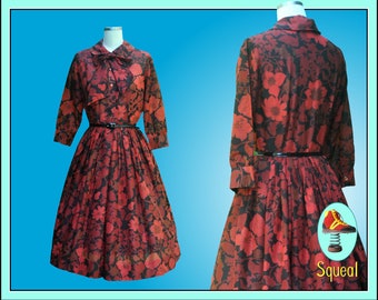 Vintage 1950s Dress Red Floral Print Shirtwaist Dress by Howard Wolf