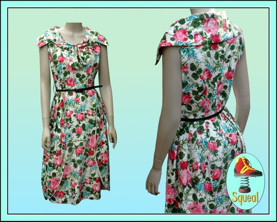 Vintage 1950s Dress Rose Print Cotton Dress - image 1