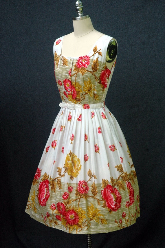 Vintage 1950s Dress Floral Border Print Dress - image 4