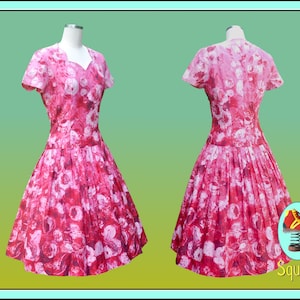 Vintage 1950s Dress Floral Print  Drop Waist Cotton Dress