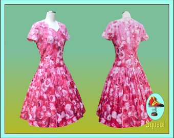 Vintage 1950s Dress Floral Print  Drop Waist Cotton Dress