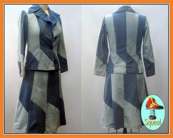 Vintage 1970s Denim Patchwork Skirt and Jacket Set