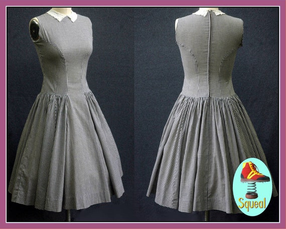 Vintage 1950s Black and White Gingham Drop Waist D