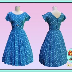 Vintage 1950s Dress Blue and White Spot Dress