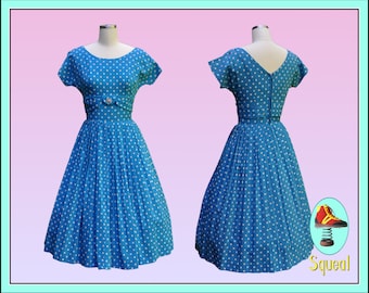 Vintage 1950s Dress Blue and White Spot Dress