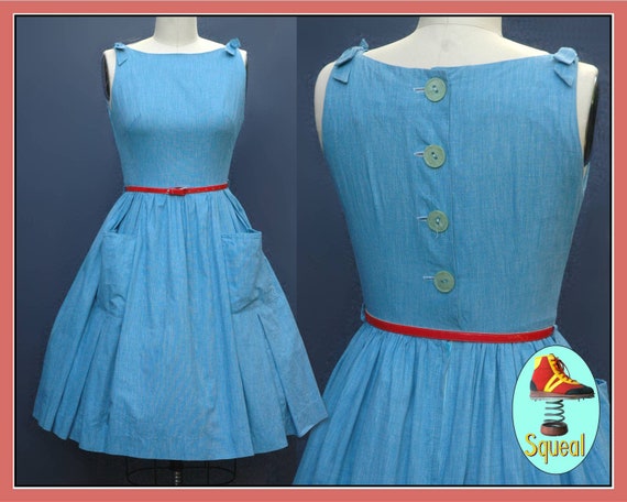 Vintage 1950s Blue Chambray Button Back Dress (Sma