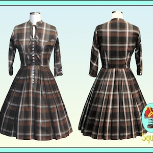 Vintage 1950s Dress Brown Plaid Cotton Dress