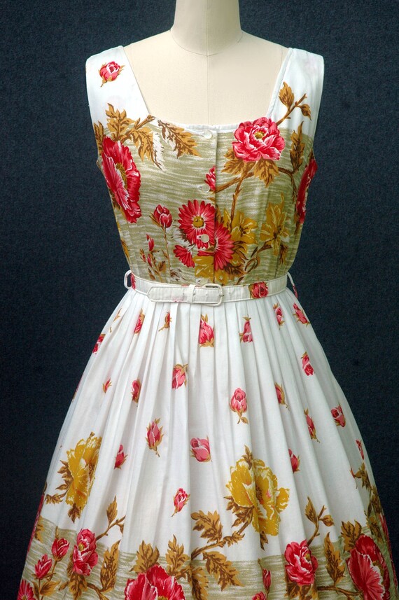 Vintage 1950s Dress Floral Border Print Dress - image 7