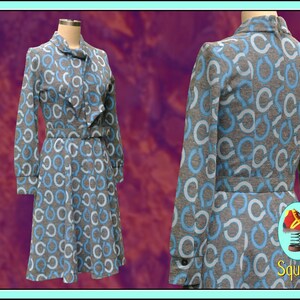 Vintage 1960s Blue Geometric Print Dress with Tie Collar