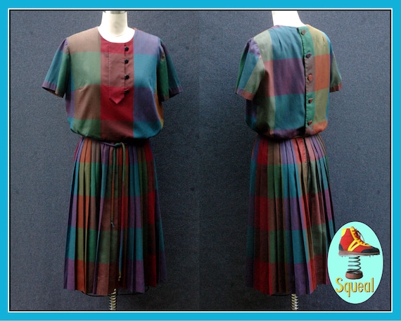 Vintage Early 60s Rainbow Plaid Pleated Dress