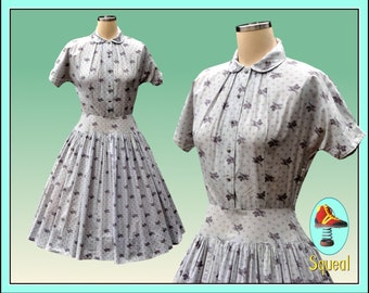 Vintage 1950s Dress Drop waist Leaf print