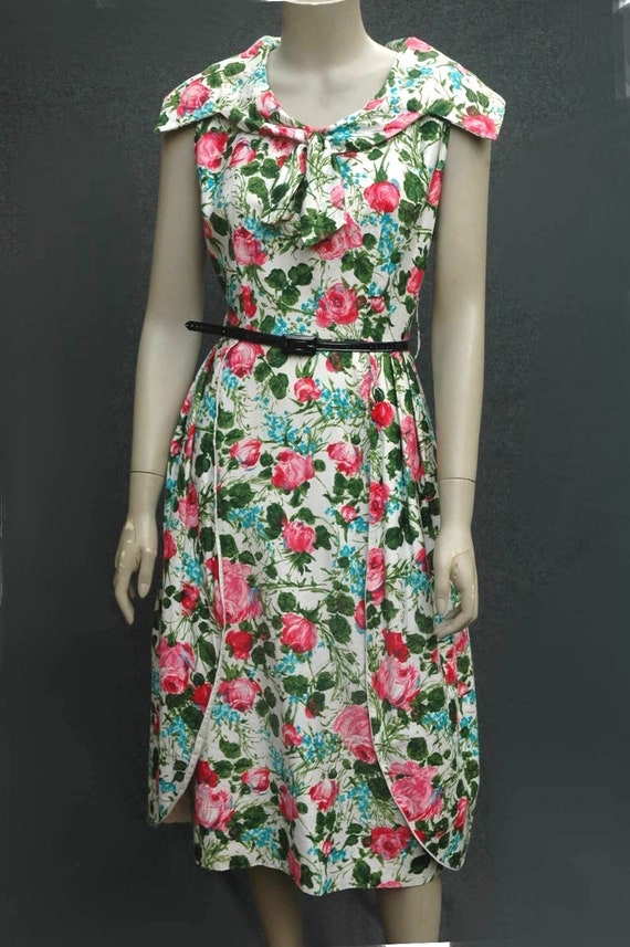 Vintage 1950s Dress Rose Print Cotton Dress - image 2