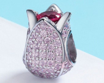 Pink Tulip Flowers Beads Charm   925 Sterling Silver fit for Authentic Women Charms and Handmade Charms