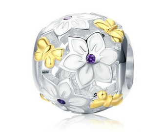 Authentic 925 Sterling Silver Gold Color Flowers and Butterflies Charm Beads, fit for Authentic Women Charm, Authentic Sterling Silver,