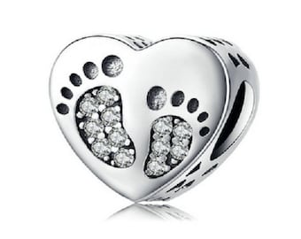 Footprints Heart Beads Charm   925 Sterling Silver fit for Authentic Women Charms and Handmade Charms