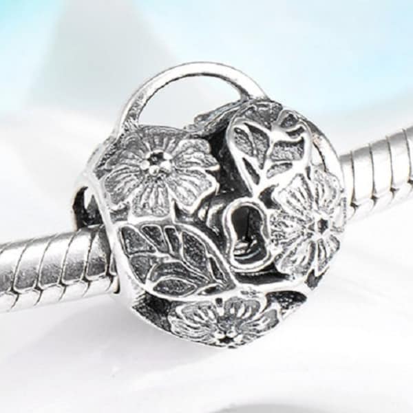 Lotus Leaf Flower Lock Heart Shape Beads Charm   925 Sterling Silver fit Authentic Women Charms and Handmade Charms, Free Shipping,