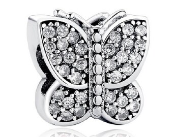Sparkling Butterfly With Cubic Zirconia Beads Charm   925 Sterling Silver fit for Authentic Women Charms and Handmade Charms