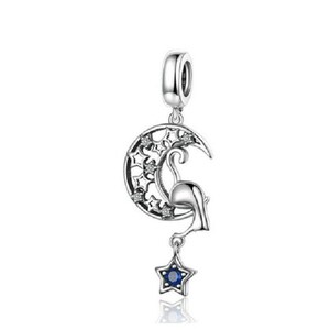 Vintage Moon and Star Cat for Women charms beads   Authentic 925 Sterling Silver Charms Fits European Women Charm Bracelet