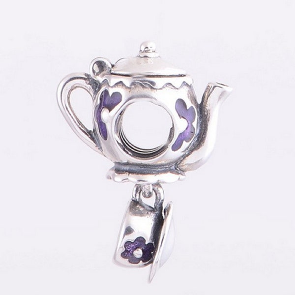 Tea Kettle Teapot with Cup Beads Charm   925 Sterling Silver fit for Authentic Women Charms and Handmade Charms