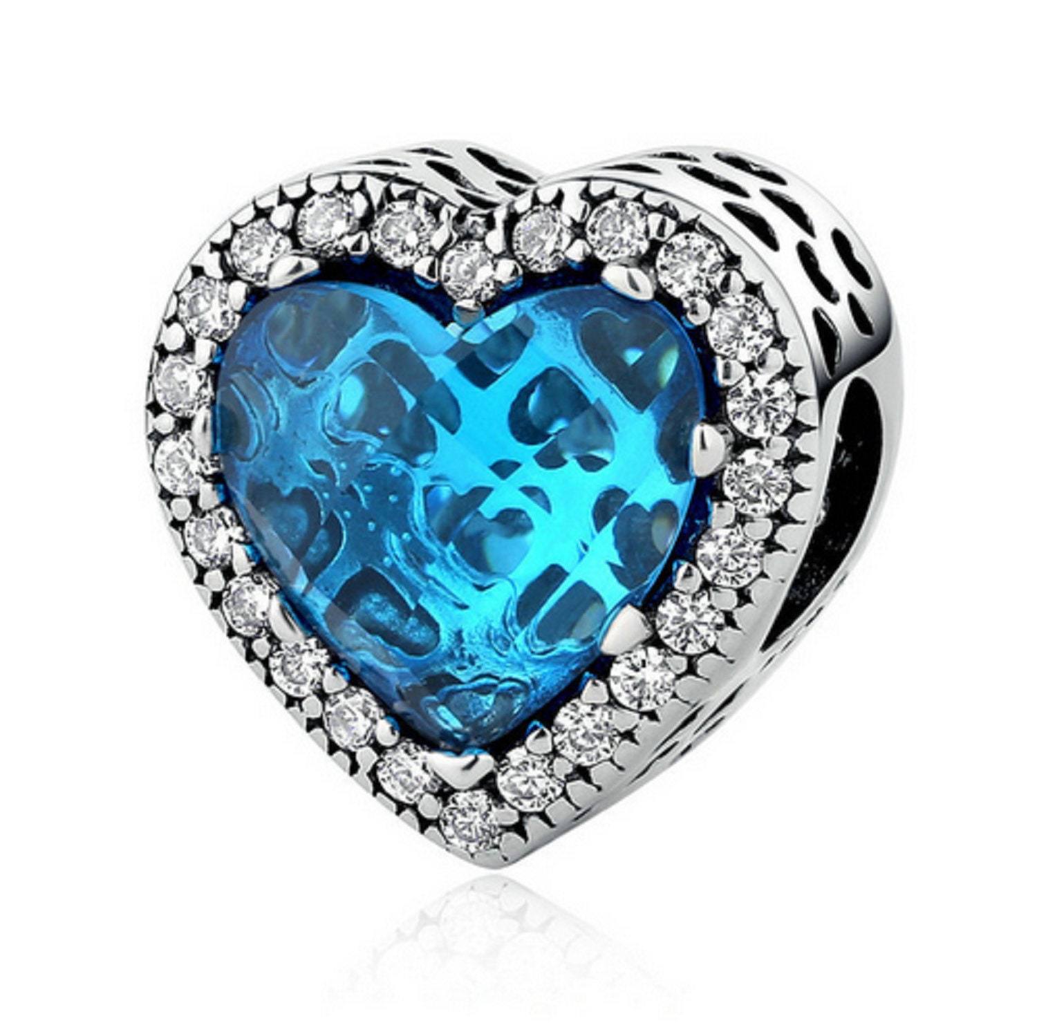 Authentic 925 Sterling Silver Charm Hearts Blue Crystal & Clear CZ Fit Bracelets 