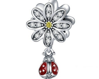 925 Sterling Silver CZ Daisy Flower Ladybug Pendant Charms beads,   silver, fit for Authentic Women Charm, Authentic Sterling Silver,