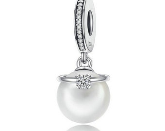 925 Sterling Silver Pearl with CZ Ring Dangle Beads Charm, sterling silver, fit for Authentic Women Charm, Bracelets Handmade charms