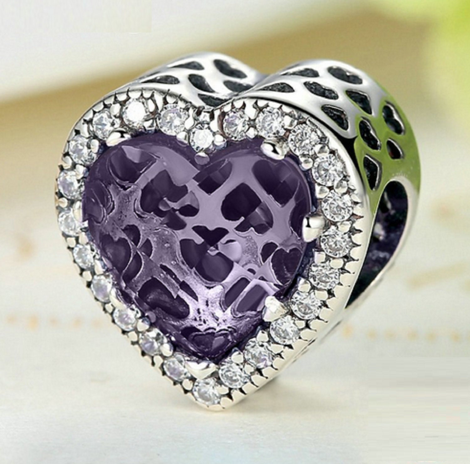 Purple Radiant Heart Beads Charm 100% 925 Sterling Silver Fit - Etsy