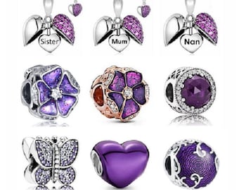 Purple Sister Mum Nan Dangle Butterfly Love Beads Charm   925 Sterling Silver fit for Authentic Women Charms and Handmade Charms