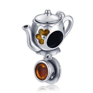 Brown Enamel Flower Tea Set Dangle Coffee Mug Cup Charm Bead   925 Sterling Silver fit Authentic Women Charms Bracelets, Free Shipping,