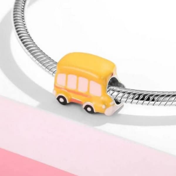 School bus charm, 925 Sterling Silver for bracelets, yellow bus vehicle charms, jewelry making DIY Women fit bus charm, car charms,