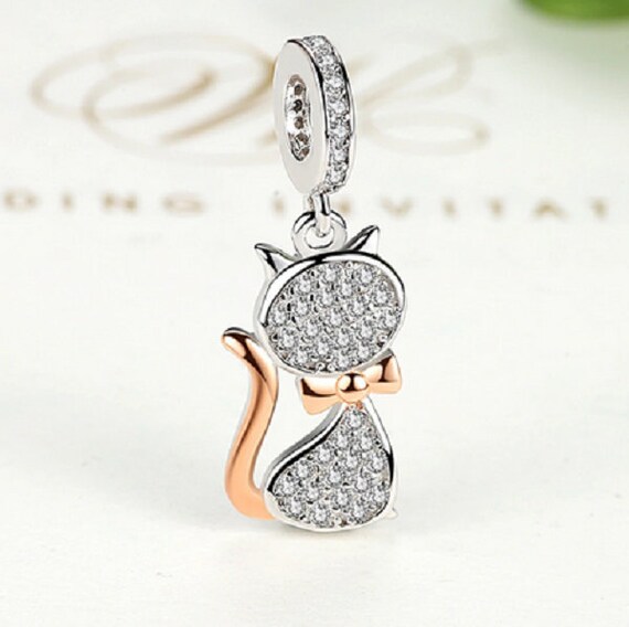 Rose Gold Cat Charm Bead Dangle Pendant 